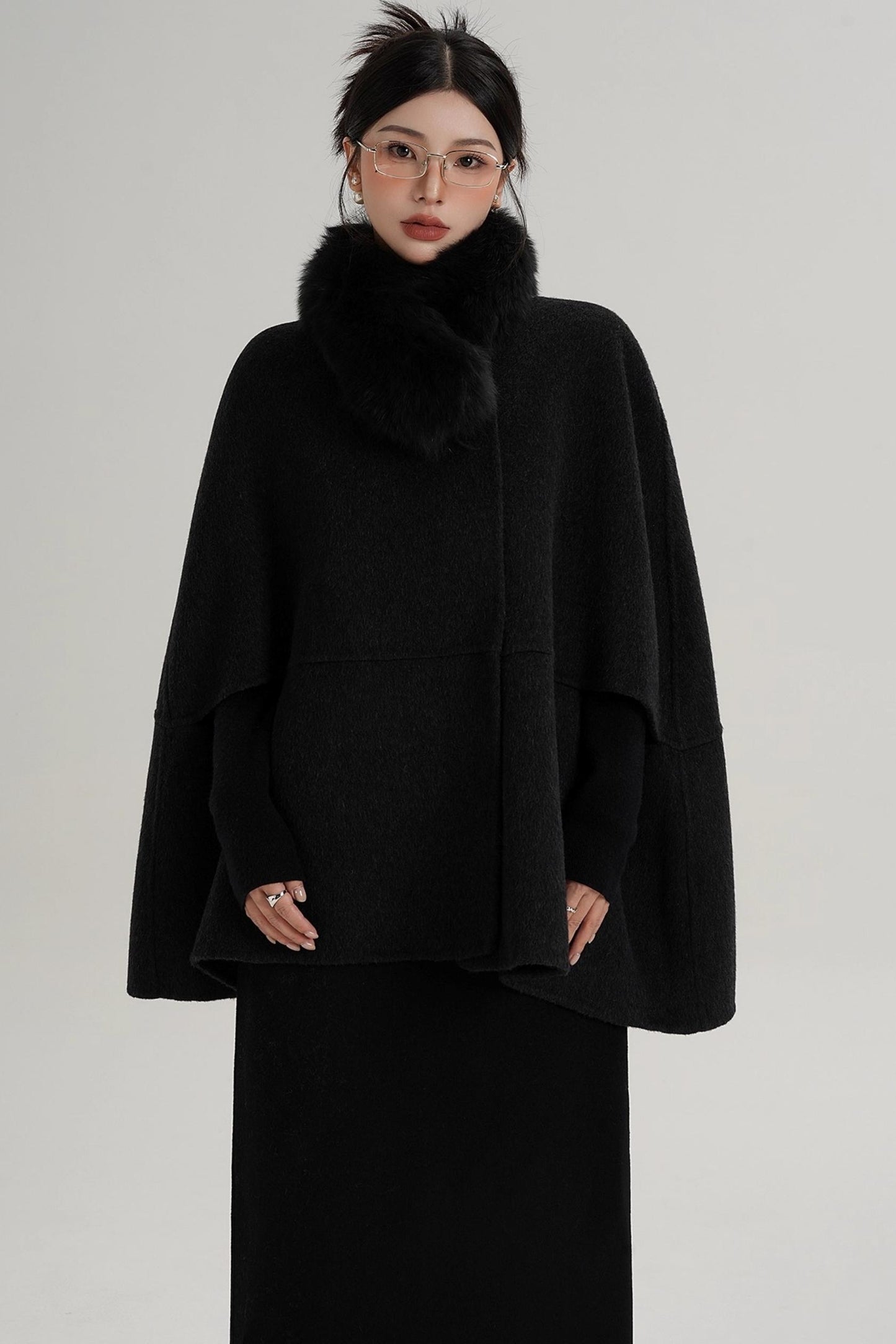 Elegant Fox Fur Wool Cape Coat