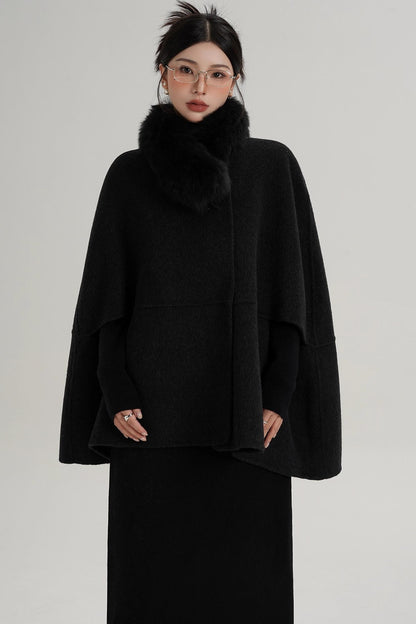 Elegant Fox Fur Wool Cape Coat