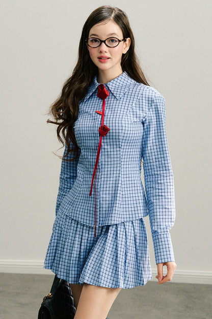 Long live the Milky Way [8.20 20:00] "She came from the sea" handmade red rose navy blue plaid shirt pleated skirt