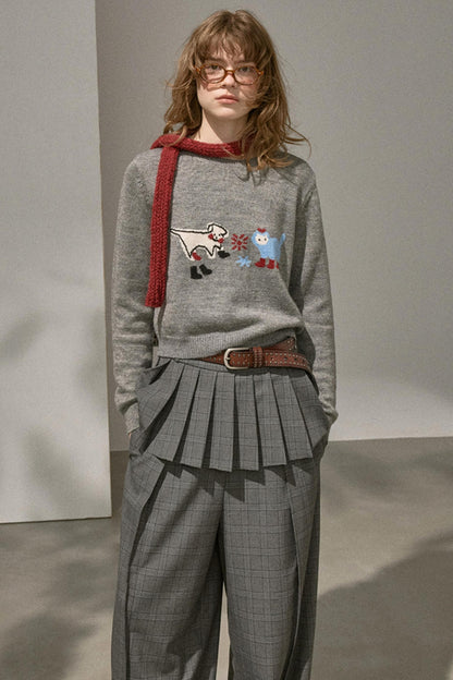 Kitten Puppy Embroidered Wool Blend Top