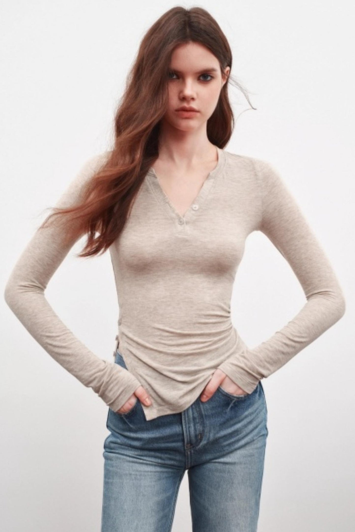 V-Neck High Slit Long Sleeve Slim Top