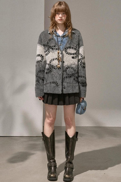 Bow Gradient V-Neck Knitted Cardigan