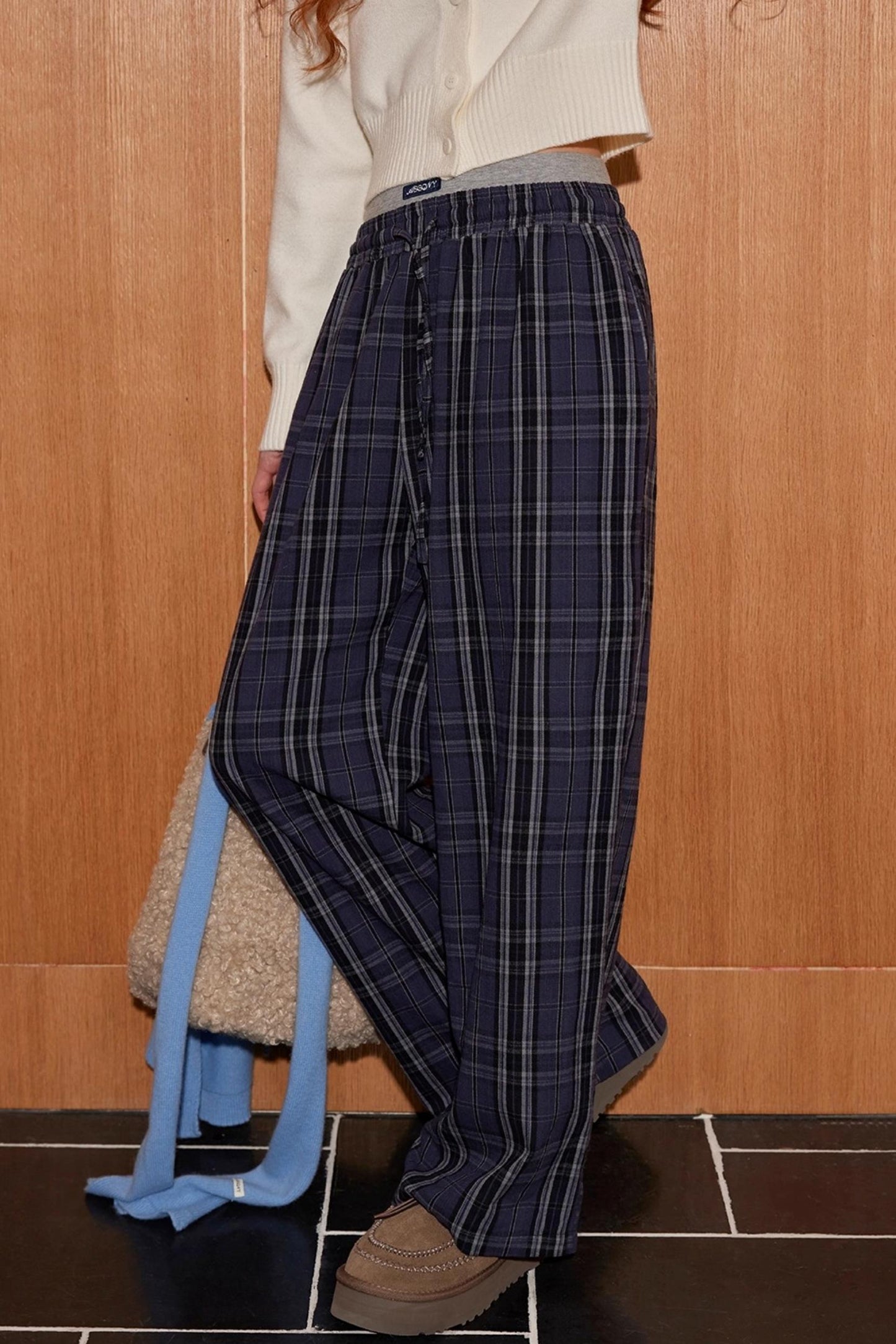 Plaid Double-Waistband Pants