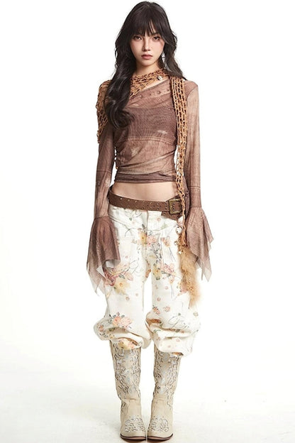 Vintage Floral Embroidery Wide-Leg Jeans