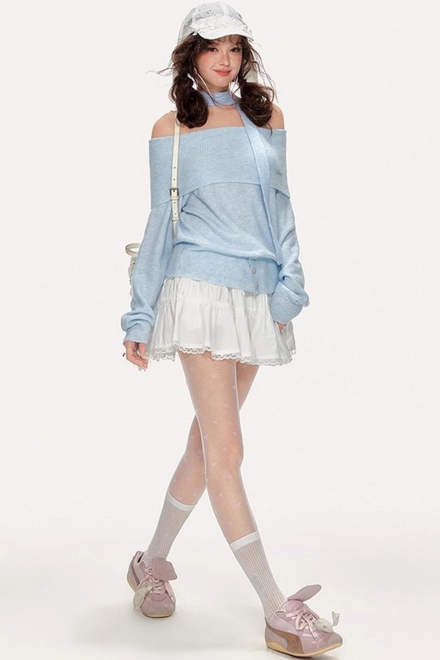 French Sweet One-Shoulder Halterneck Sweater