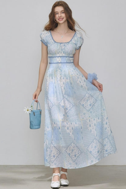 Puff Sleeves Waist Slim Long Dress