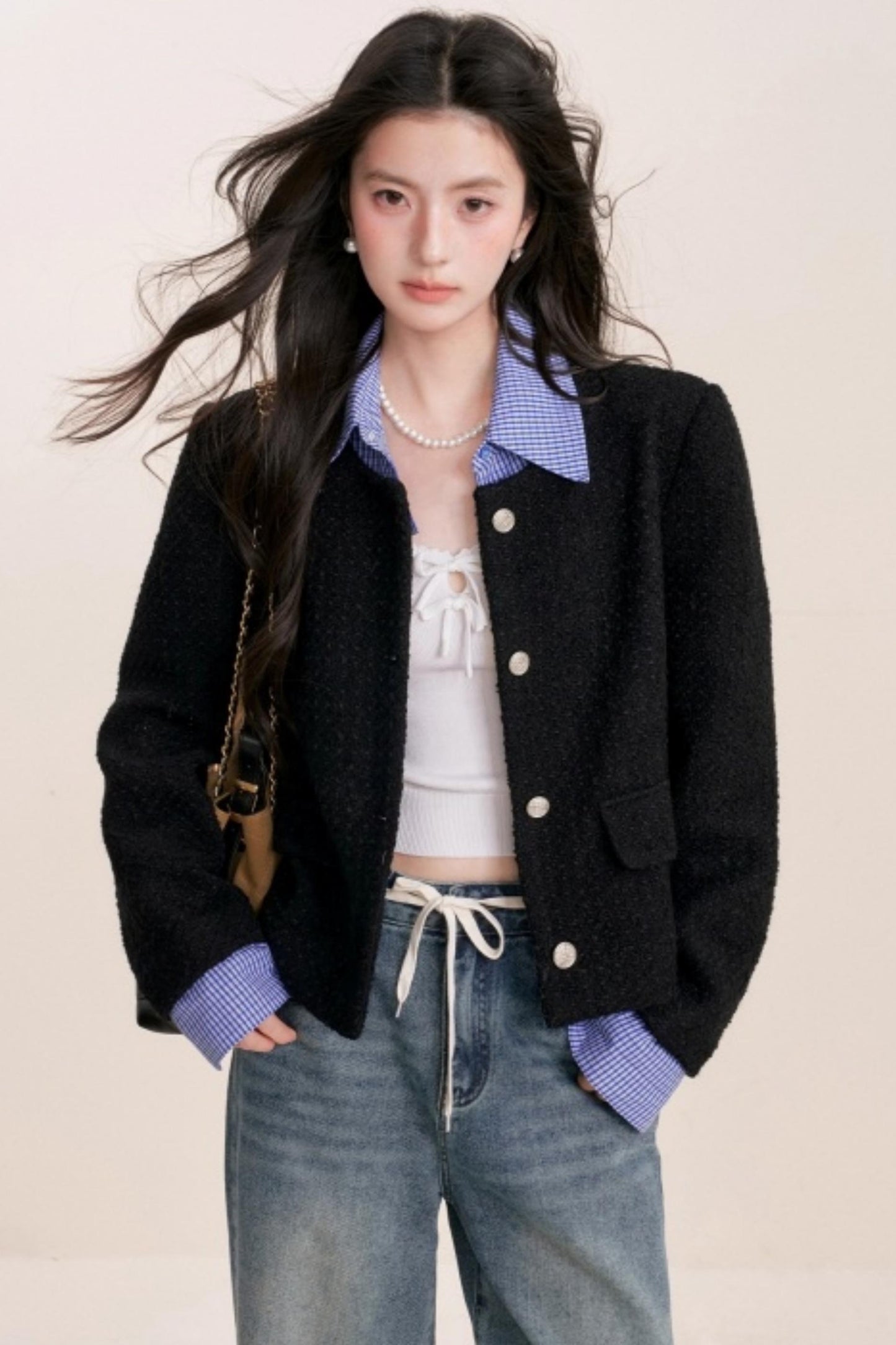 Tweed Plaid Panel Fake Two Jacket