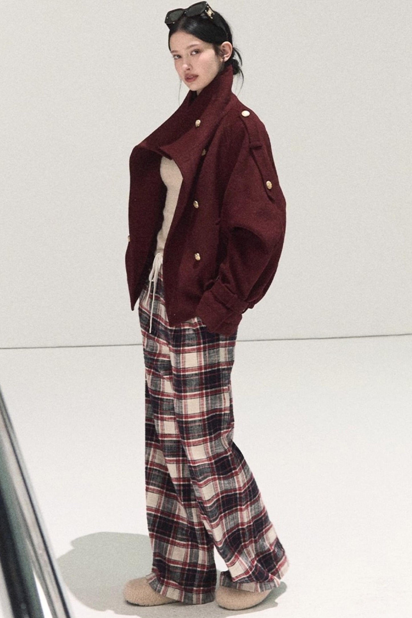 Pure Cotton Plaid Wide-Leg Pants