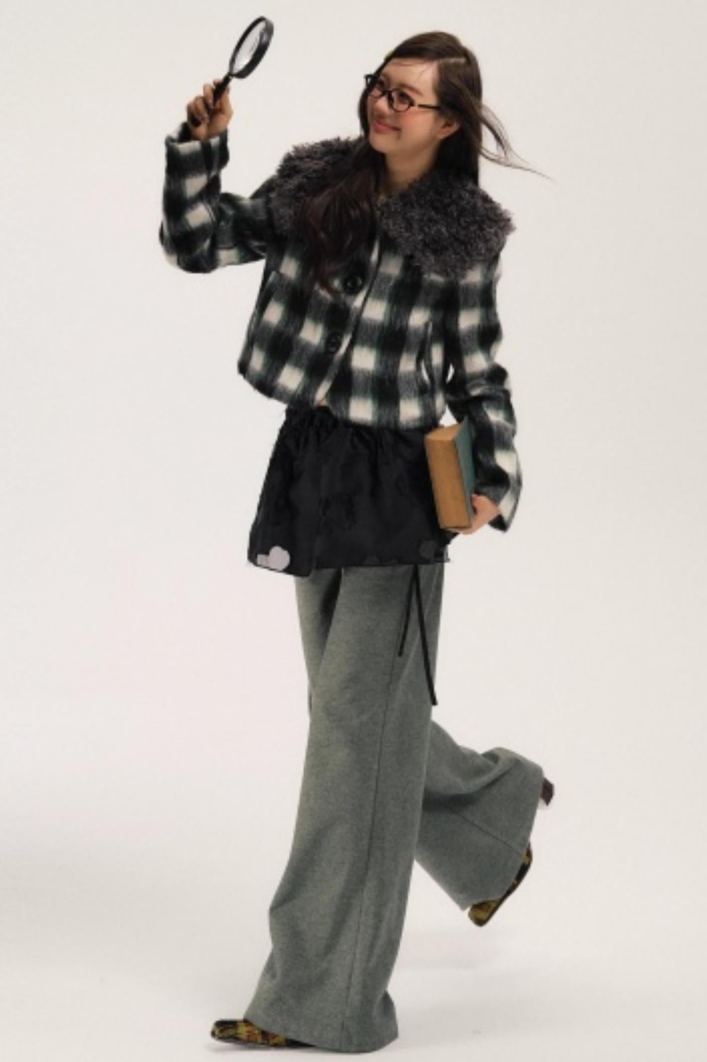 Plaid Wool Fur Collar Jacket