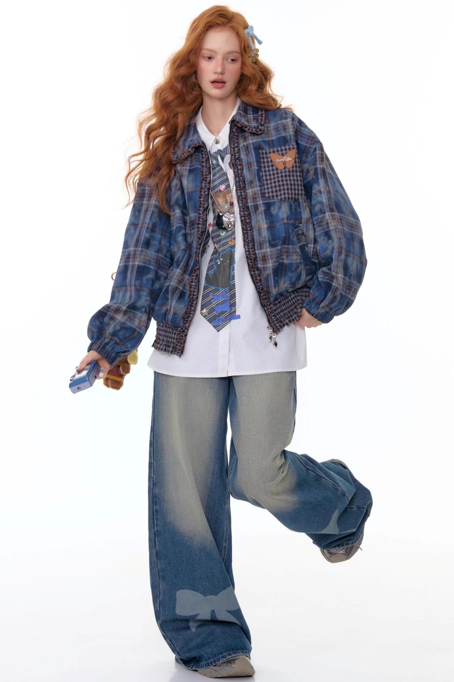 High-End Retro Blue Plaid Jacket