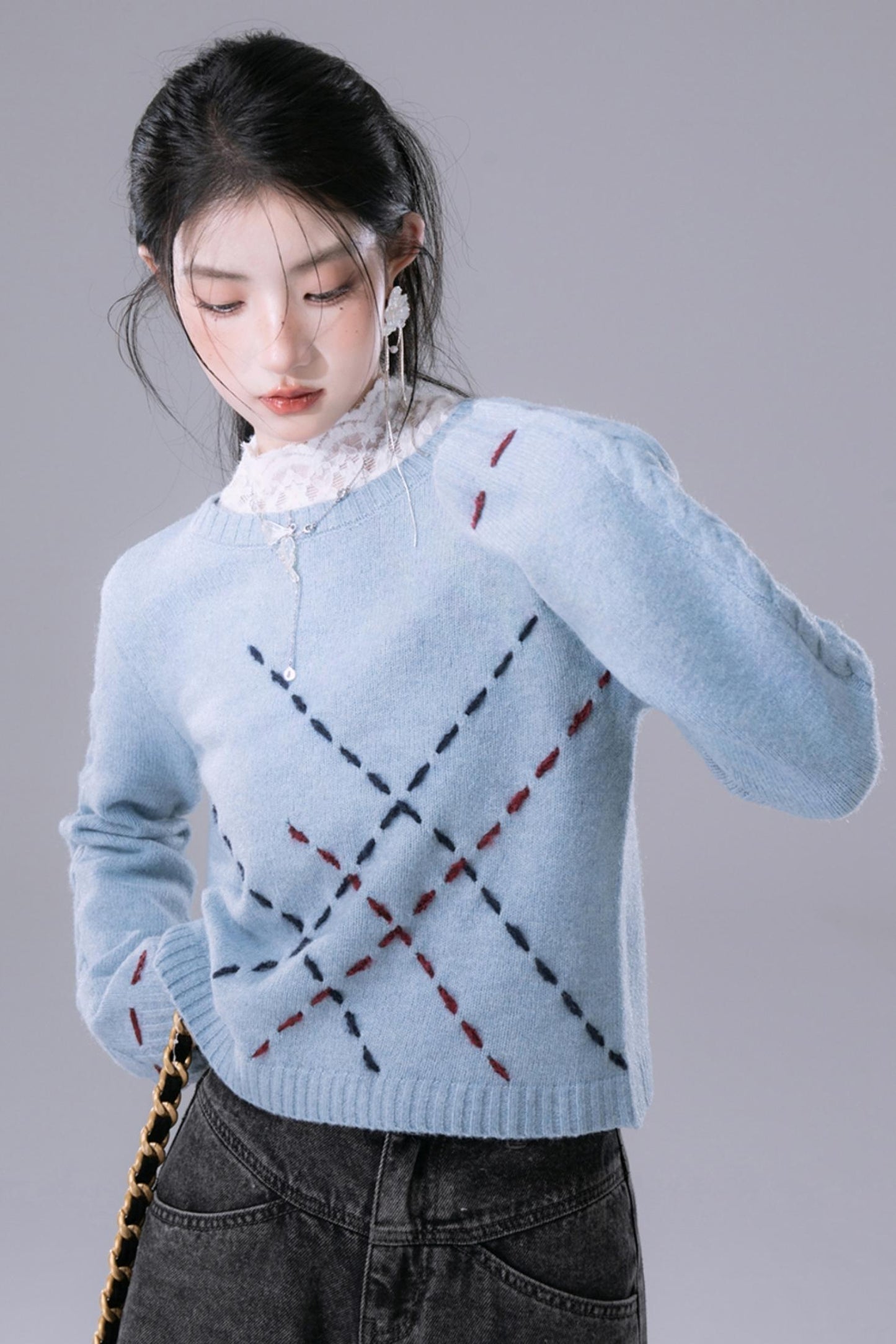 Sky Blue Contrasting Hand-Stitched Jumper