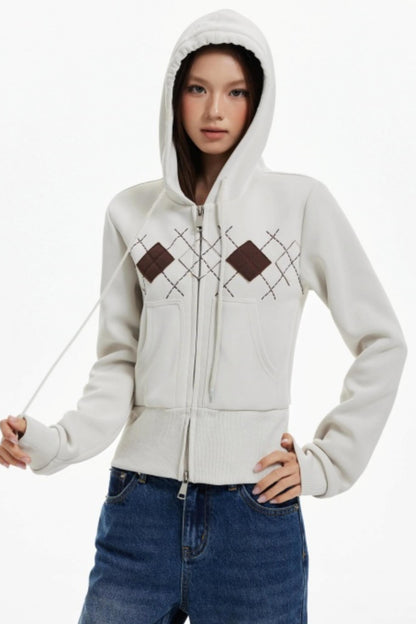 Diamond Plaid Hooded Waist Jacket