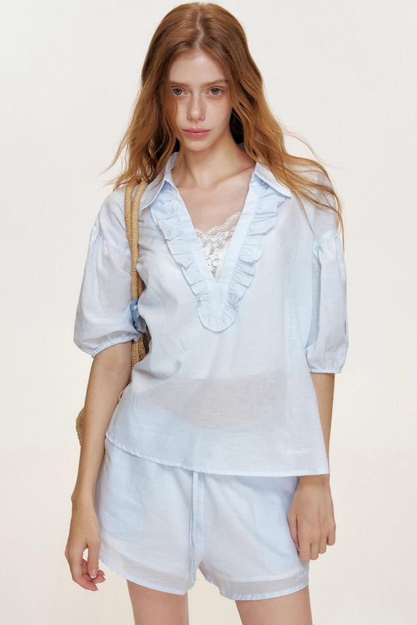 Blue Ocean Linen Cotton V-Neck Stitched Shorts Set-Up