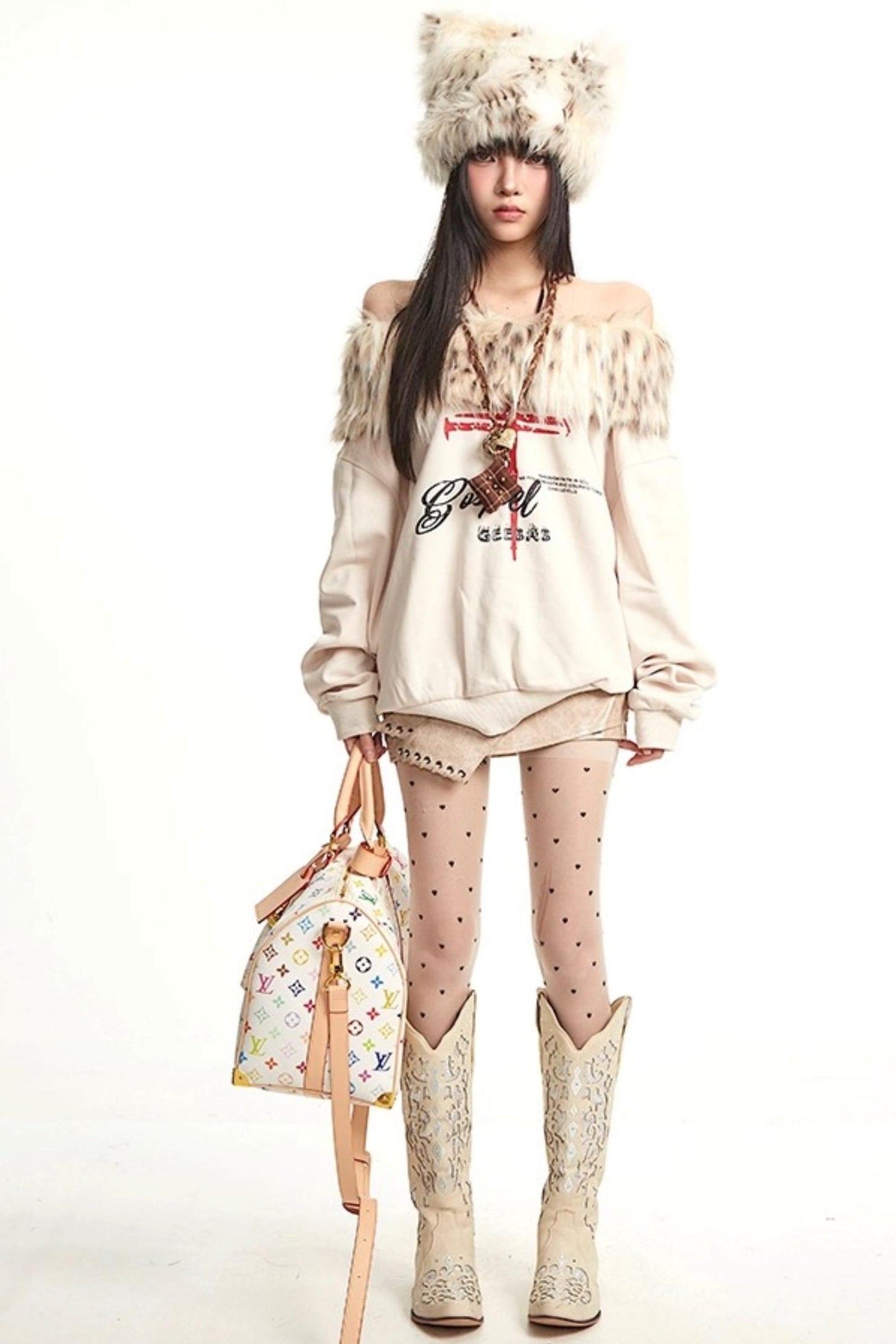 Vintage Apricot One-Shoulder Fur Collar Sweatshirt