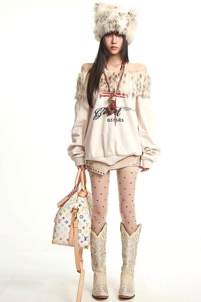 Vintage Apricot One-Shoulder Fur Collar Sweatshirt