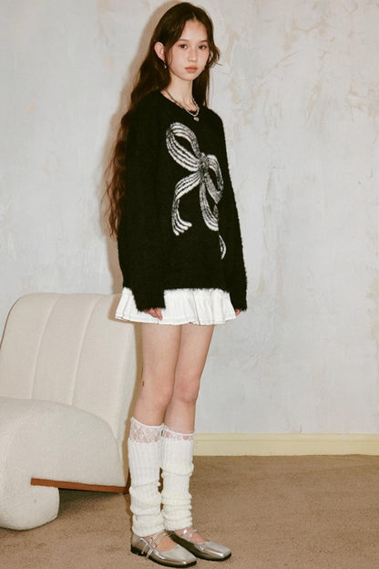 Striped Bow Faux Mink Sweater