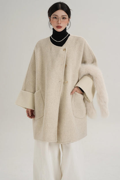 Elegant Fox Fur Collar Wool Cape Coat
