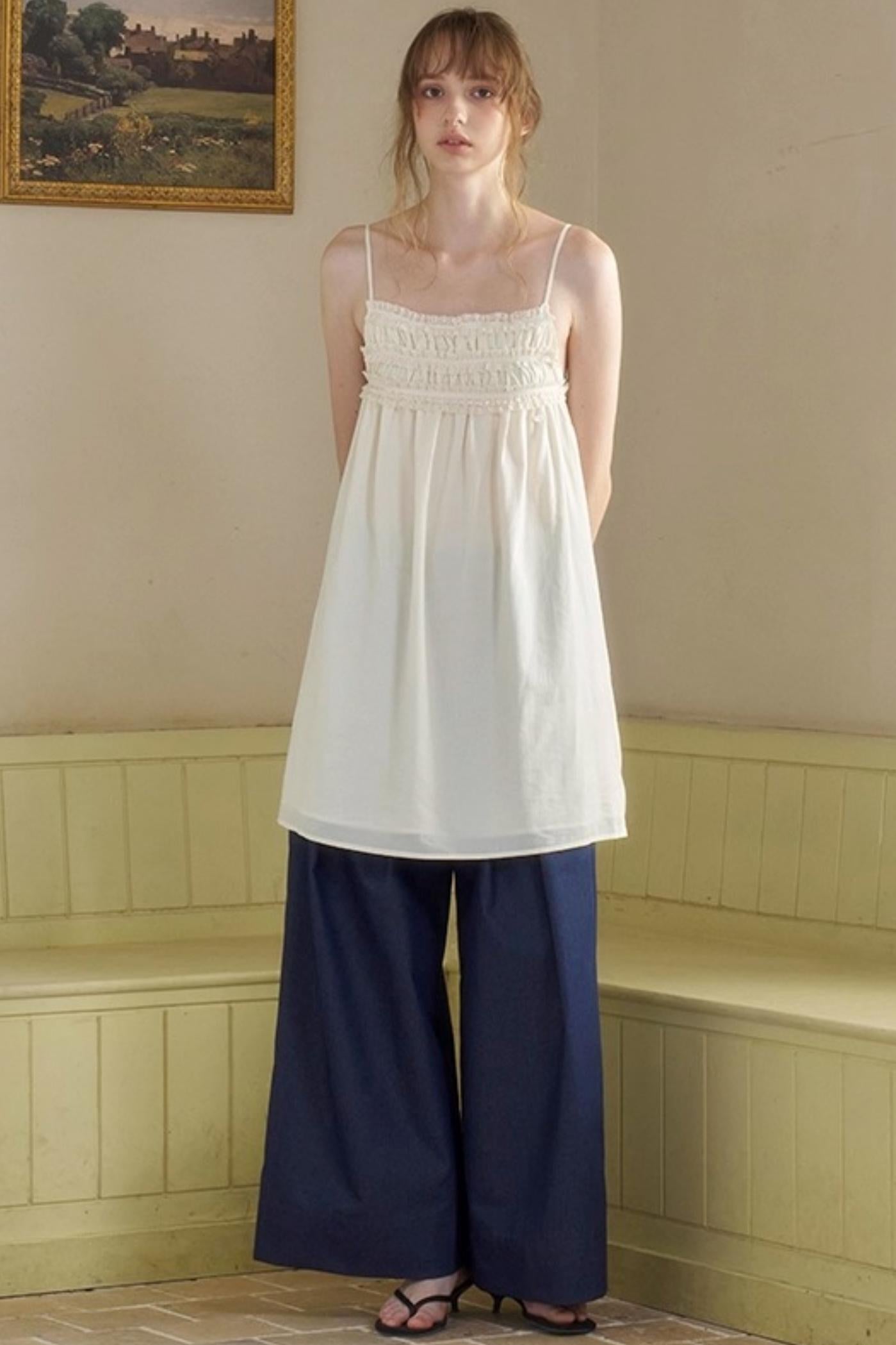Cow Blue Pleated Denim Wide-Leg Pants Set-Up
