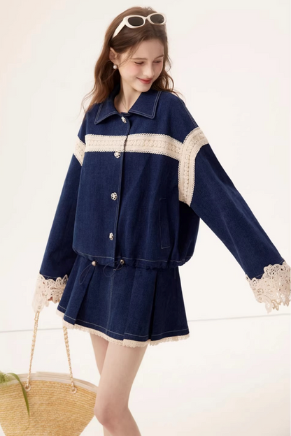 Retro Denim Lace Jacket Set