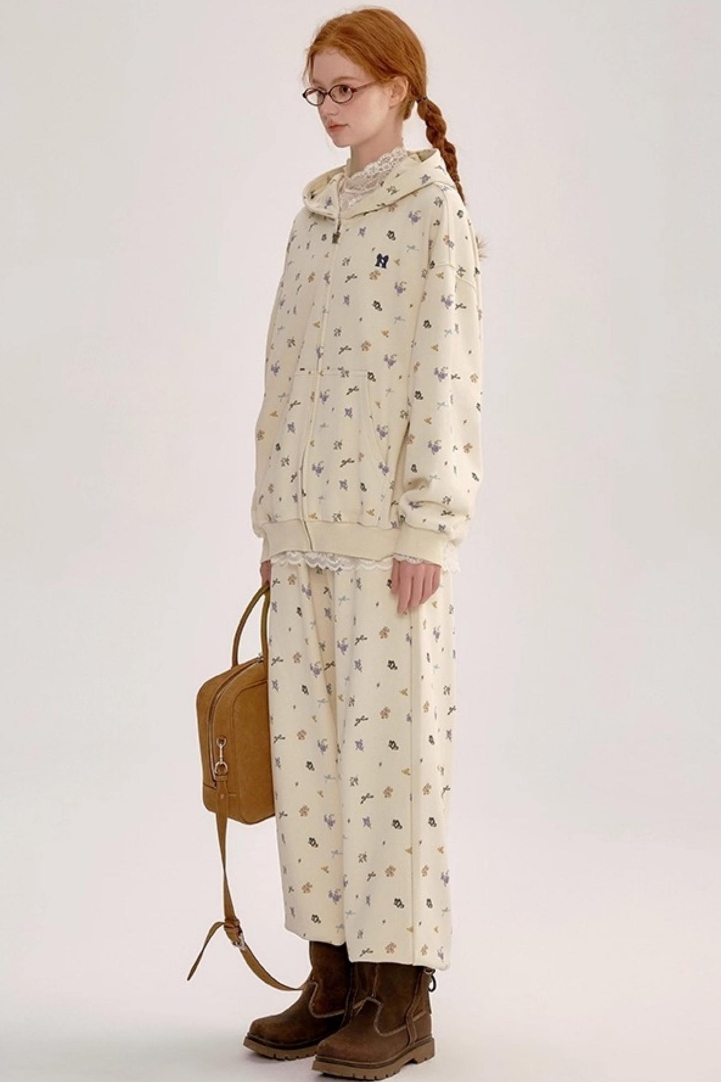 Floral Hooded Sweatshirt Cardigan Set-Up