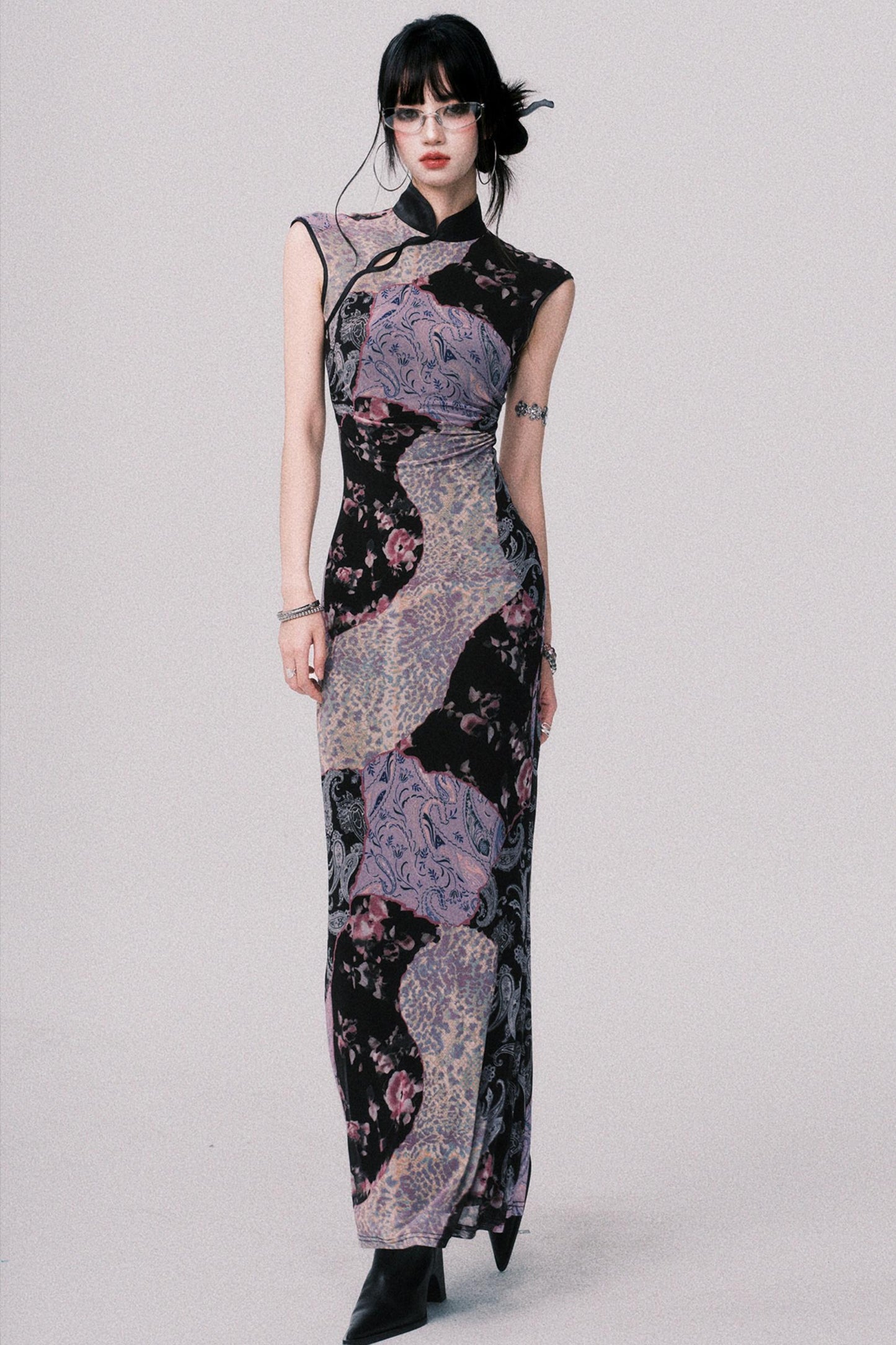 Smokey Purple Color-Block Cheongsam Dress