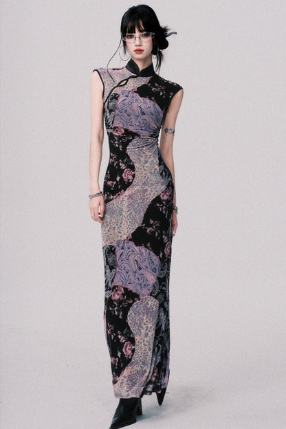 Smokey Purple Color-Block Cheongsam Dress