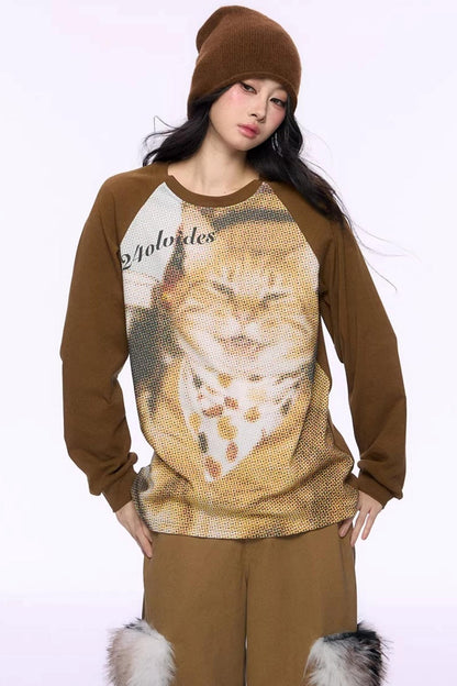 Cat Print Raglan Knit Top