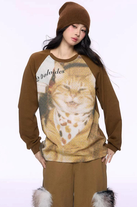Cat Print Raglan Knit Top