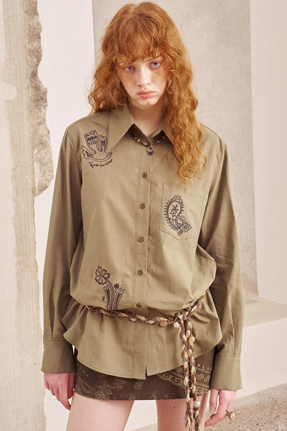 Cashew Flower Embroidered Long Sleeve Shirt