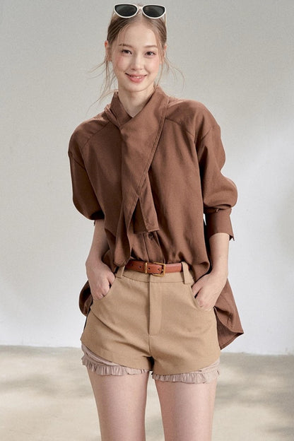 Yellow Lace-up Stand Collar Shirt