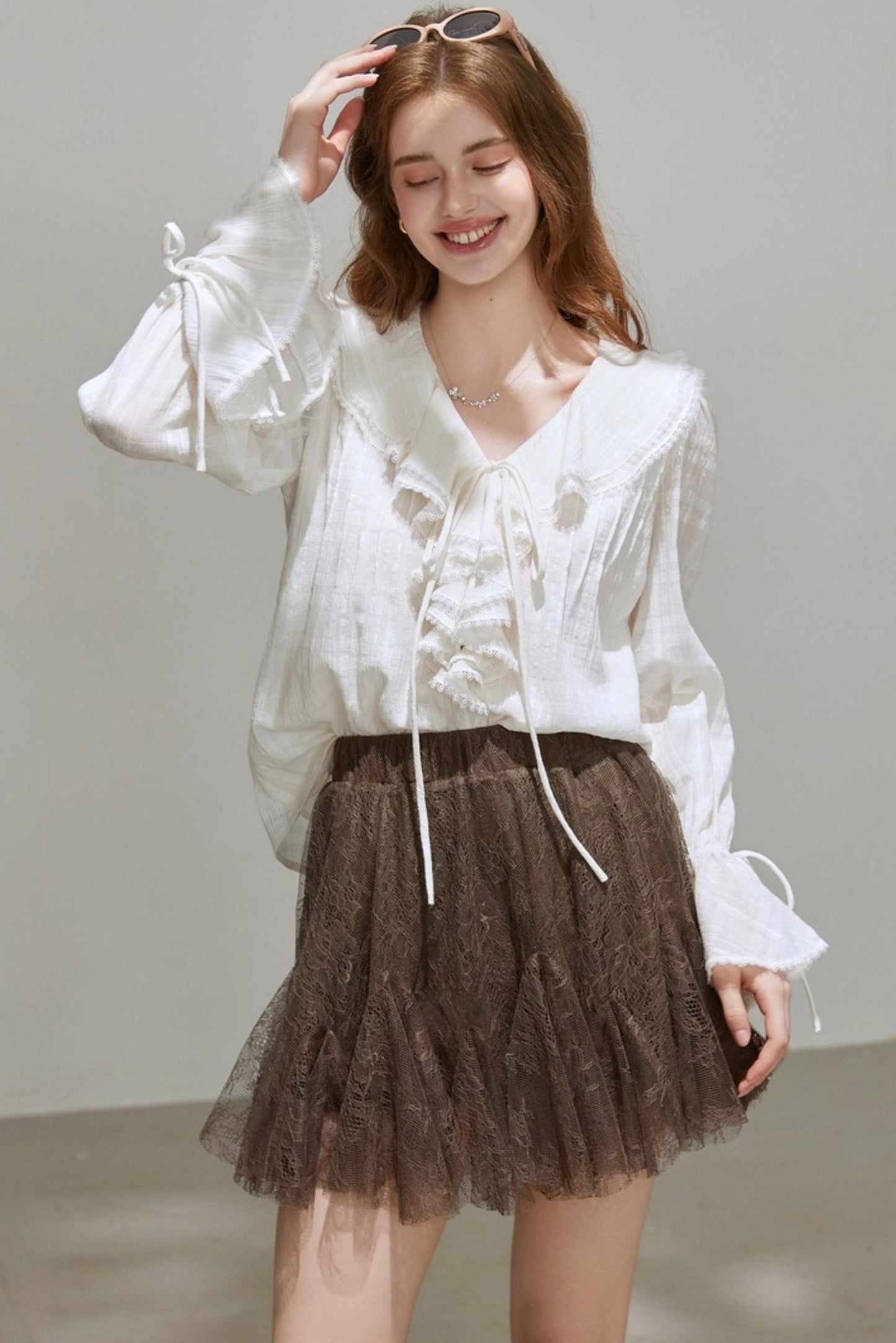 White V-Neck Ruffled French Top Shirt