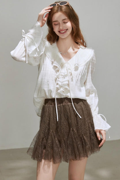 White V-Neck Ruffled French Top Shirt