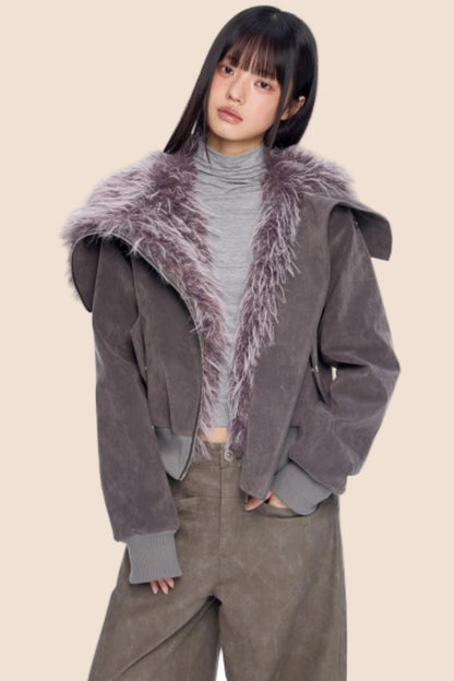 Faux Suede Fur Collar Coat