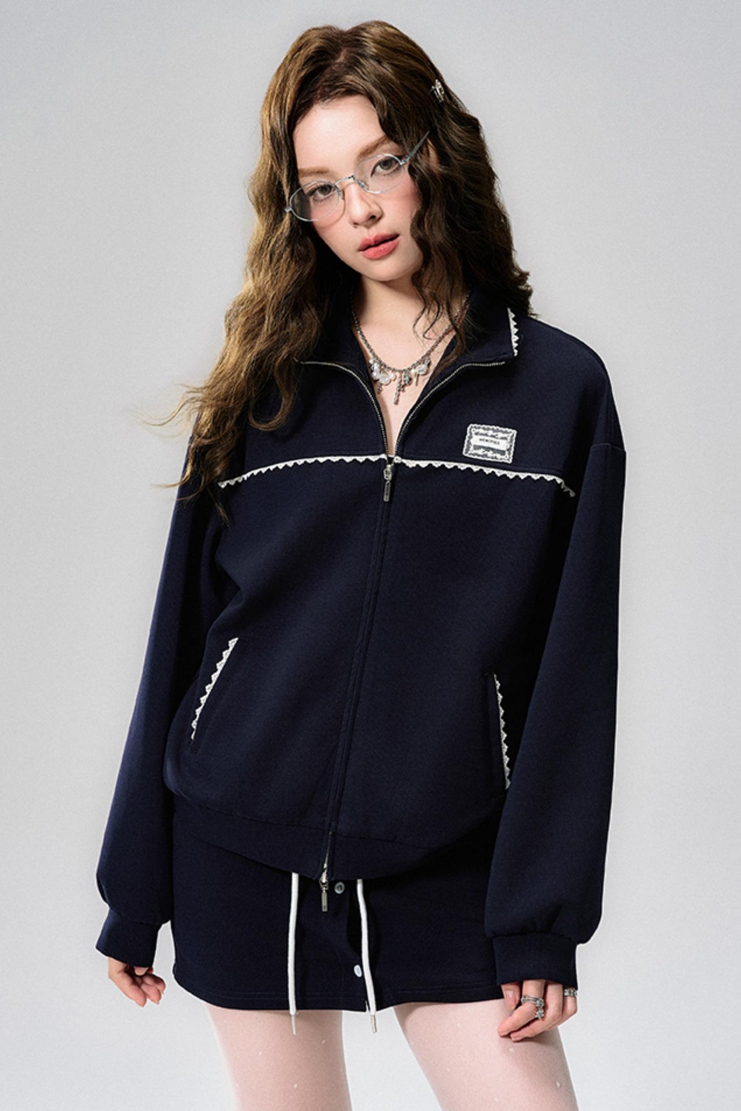 Navy Lace Jacket & Skirt Set-Up