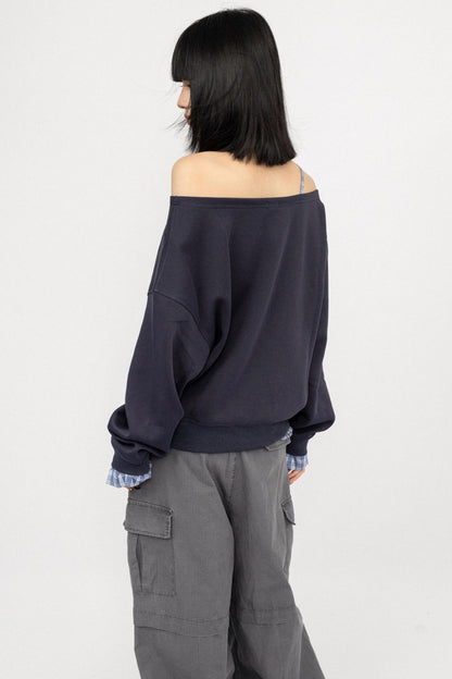 Vintage Plaid One-Shoulder Sweatshirt