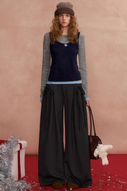 Pleated Bow Woolen Pants