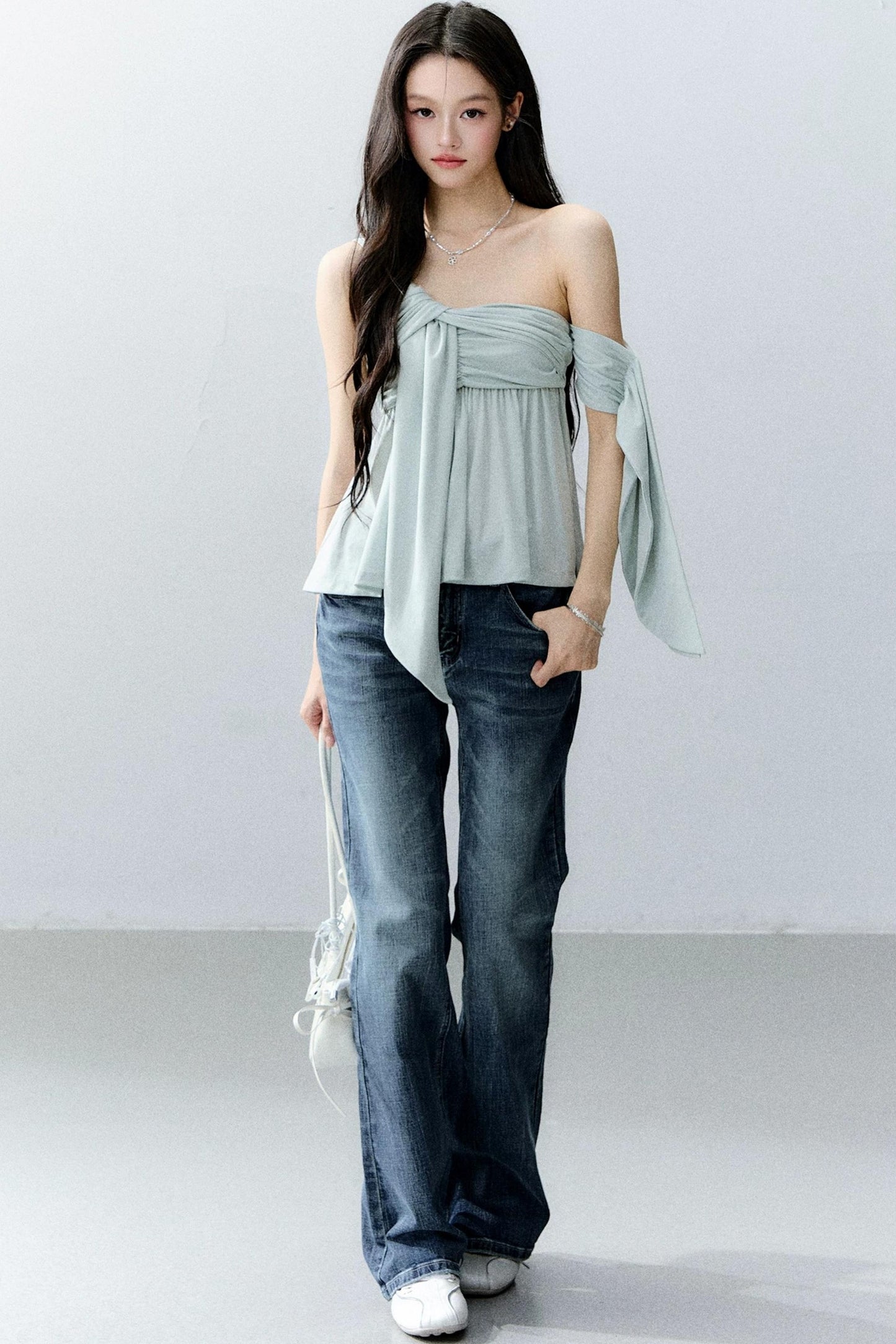 Island Green Asymmetrical Off-Shoulder Top Set-Up