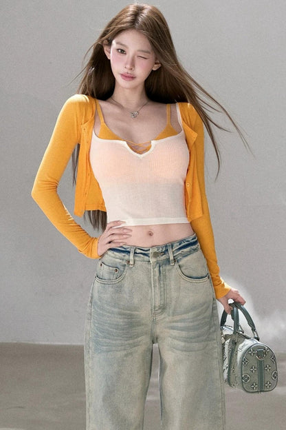 Textured Knit Cardigan Tank Top Three-Piece Set-Up