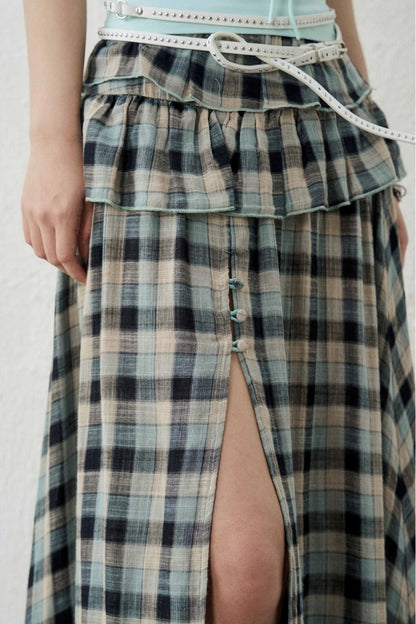 Gray-Green Plaid Ruffled Skirt