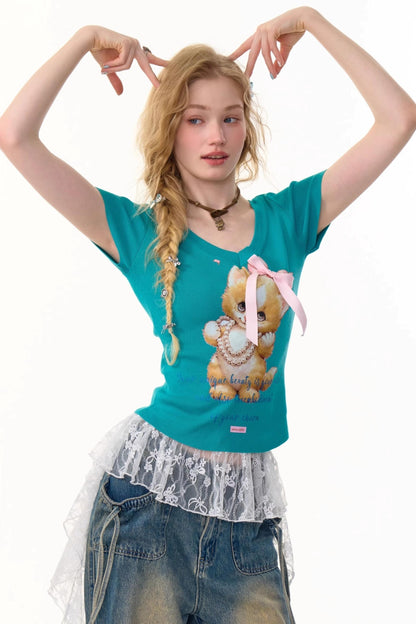 Cat Print V-Neck T-Shirt