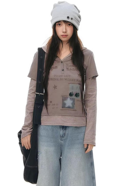 Hooded Spliced Long-Sleeve Top