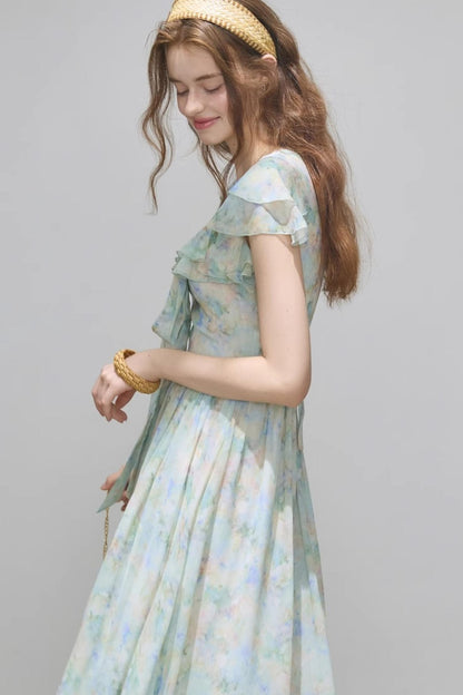 Slim V-Neck Ruffle Dress