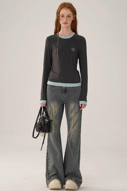 Contrasting Slim Long-Sleeved Top