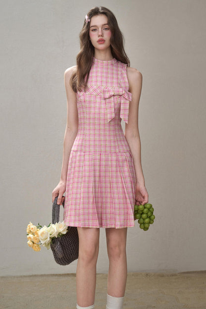Bow Halterneck Plaid Dress