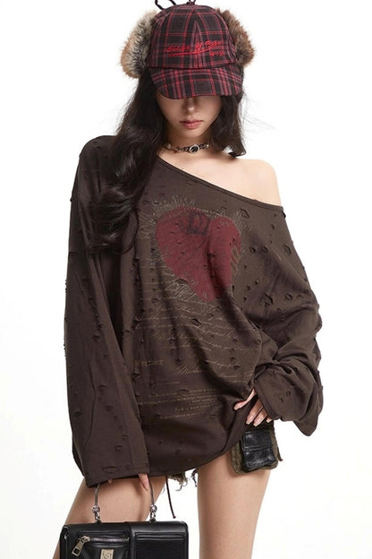 Vintage Love Print Slanted Shoulder T-Shirt