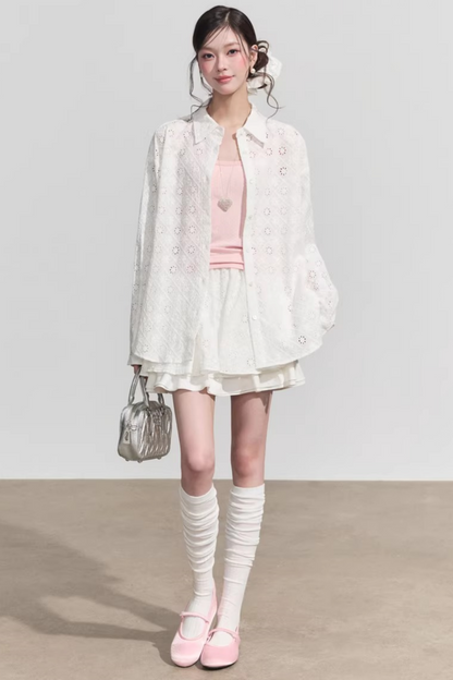 Elegant Hollow-Out Lace Blouse & A-Line Skirt Set-Up