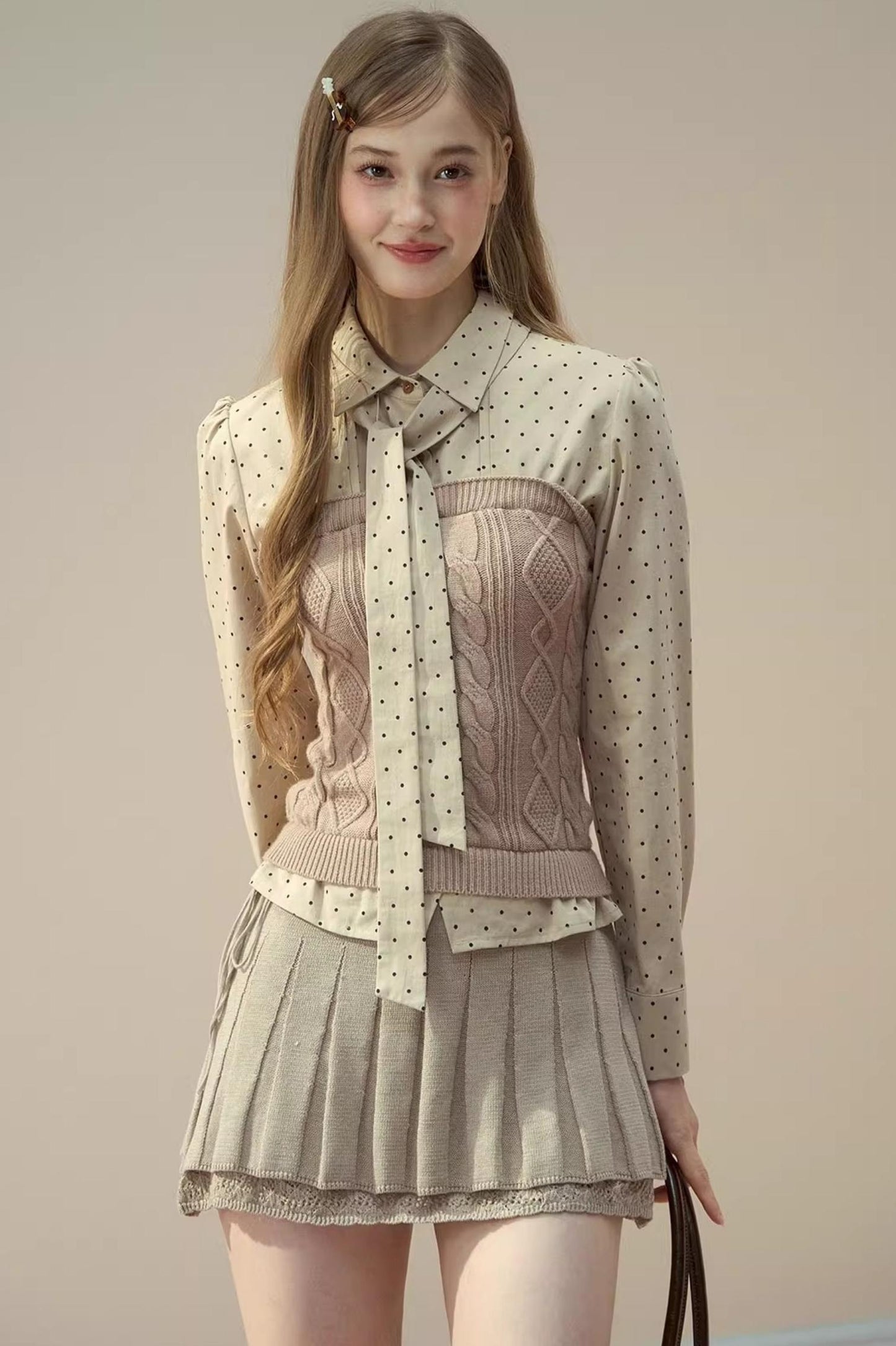 Polka Dot Patchwork Shirt And Skirt Set-Up