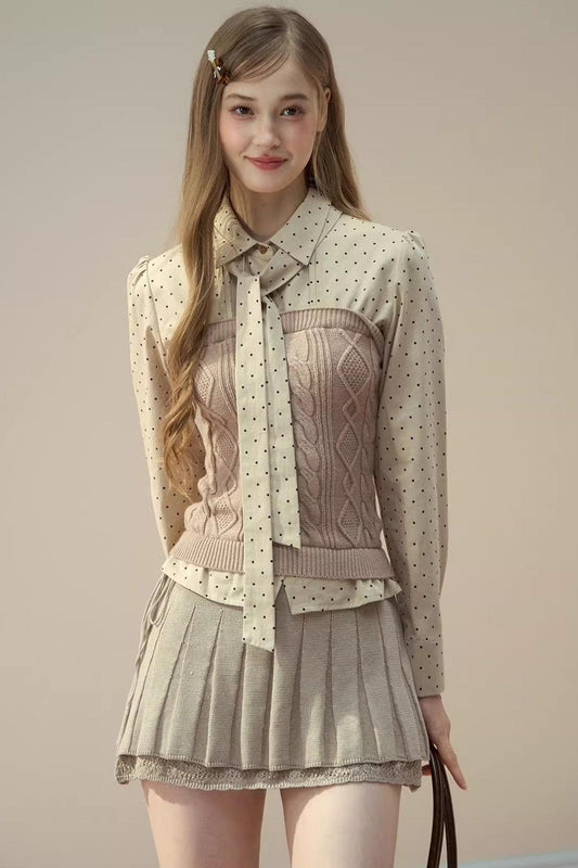 Polka Dot Patchwork Shirt And Skirt Set-Up