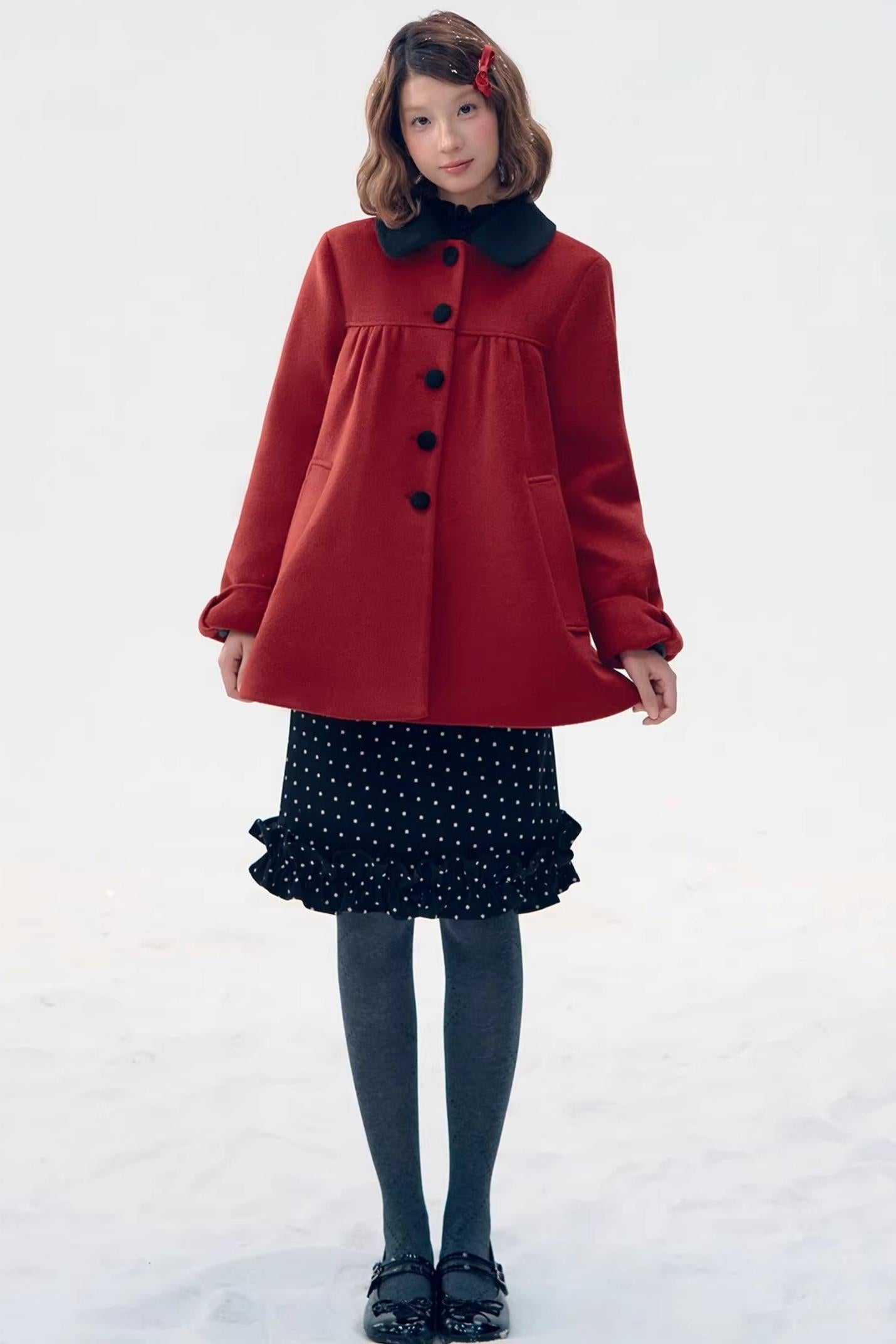 Red Woolen Doll Collar Coat