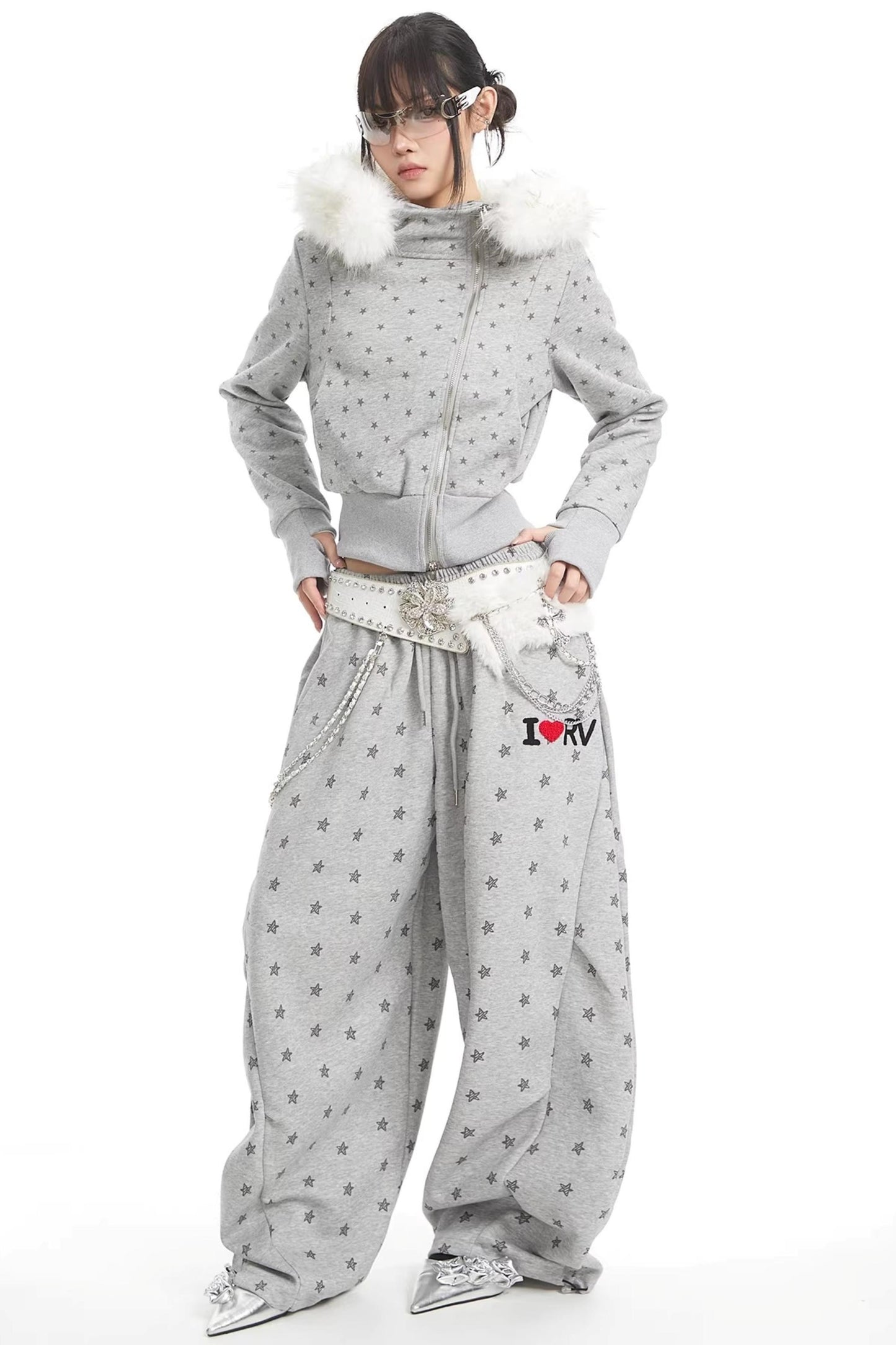 회색 별 프린트 와이드 레그 팬츠